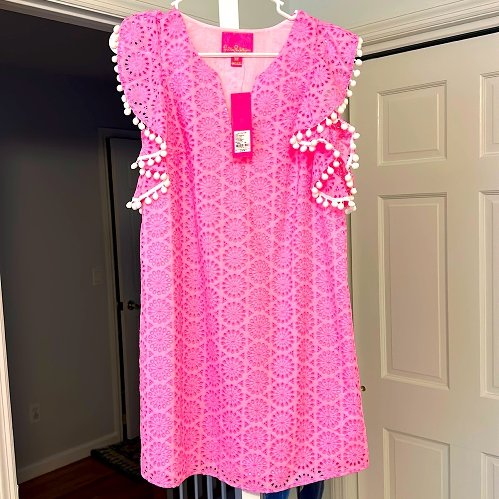 NEW Lilly Pulitzer Neon Geo Eyelet Prosecco Pink Astara dress xs with tags!